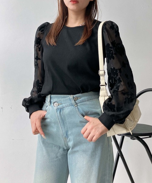 AS KNOW AS plus(アズノゥアズプラス)の「♪アソートデザイン 花柄シアープルオーバー(プチハイネック・クルーネック)(Tシャツ/カットソー・レディース・ブラック系/ブラック系1・FREE)」の2枚目の写真