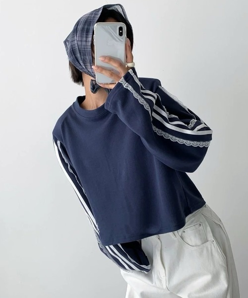 Doula Doula(ドゥーラドゥーラ)の「レースライン入りクロップド丈スウェット(Tシャツ/カットソー・レディース・ブラック/ネイビー/ライトグレー・FREE)」の10枚目の写真