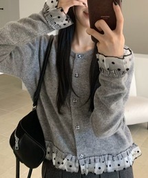 Sibra（シブラ）の「ドットチュール×チェックフリルレイヤード風カーディガン（カーディガン/ボレロ）」