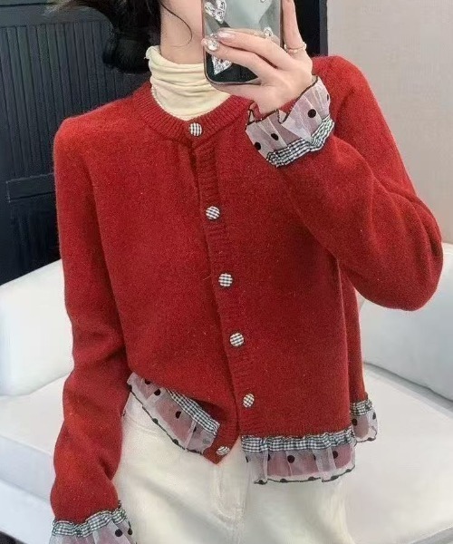 Sibra（シブラ）の「ドットチュール×チェックフリルレイヤード風カーディガン（カーディガン/ボレロ・レディース・ブラック/ブルー/グレー/アイボリー/イエロー/レッド/ピンク・M）」の7枚目の写真