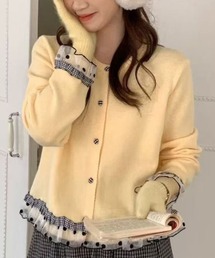 Sibra（シブラ）の「ドットチュール×チェックフリルレイヤード風カーディガン（カーディガン/ボレロ）」