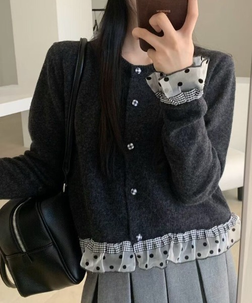 セール】ドットチュール×チェックフリルレイヤード風カーディガン