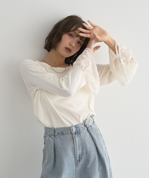 earth music&ecology（アースミュージックアンドエコロジー）の「【吸湿発熱】あったかフェミニンインナー（袖レース）（Tシャツ/カットソー・レディース・オフホワイト・F）」の3枚目の写真