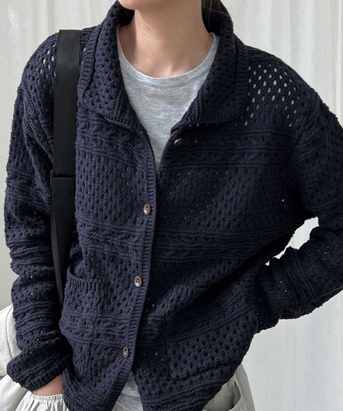 【AKRIS】 コットンリネンかぎ編みxオーガンジー ボタンレスニットジャケット セール】ナチュラルに羽織れる透かし編みニットジャケット