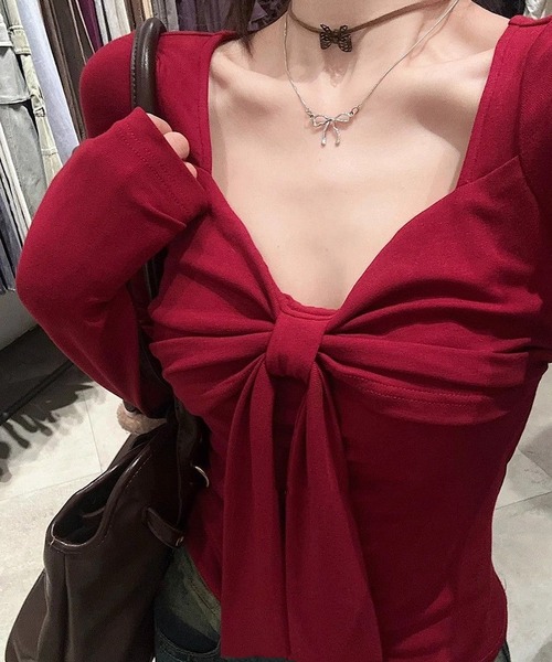 Nia（ニア）の「Nia(ニア)/リボンデザイン　クロップド長袖カットソー（Tシャツ/カットソー・レディース・レッド/グレー・MEDIUM/SMALL）」の11枚目の写真