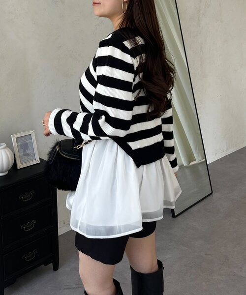 prose verse（プロズヴェール）の「裾オーガンジーペプラムドッキングニット（ニット/セーター・レディース・ブラック/ホワイト系その他/ピンク・MEDIUM/LARGE）」の4枚目の写真