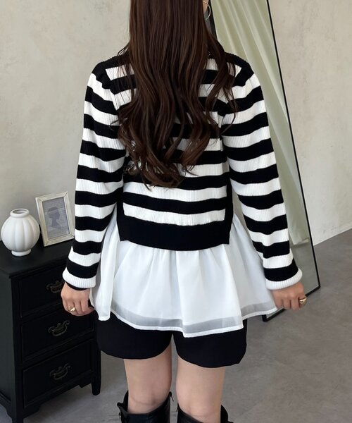 prose verse（プロズヴェール）の「裾オーガンジーペプラムドッキングニット（ニット/セーター・レディース・ブラック/ホワイト系その他/ピンク・MEDIUM/LARGE）」の5枚目の写真