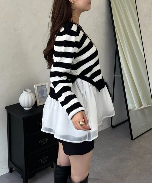 prose verse（プロズヴェール）の「裾オーガンジーペプラムドッキングニット（ニット/セーター・レディース・ブラック/ホワイト系その他/ピンク・MEDIUM/LARGE）」の7枚目の写真