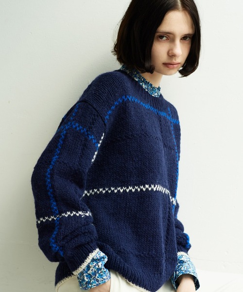 LA MARINE FRANCAISE（マリン フランセーズ）の「【PERU KNIT】アルパカウールラインプルオーバー（ニット/セーター・レディース・ネイビー/オフホワイト・FREE）」の2枚目の写真