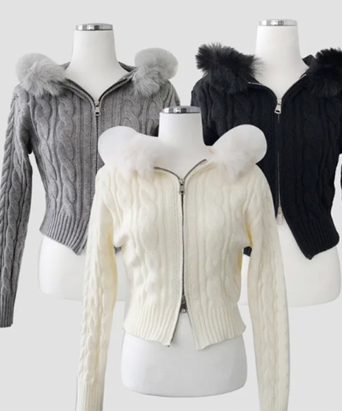 セール】ファー付きフード ケーブル編み ダブルジップショート丈ニット