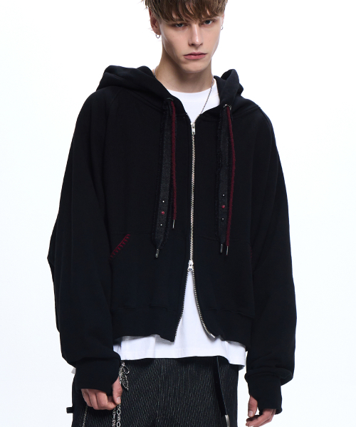 RSSC(アールエスエスシー)の「DENIM STRAP CROP HOOD ZIPUP - BLACK(パーカー・レディース・その他・1/2)」の1枚目の写真