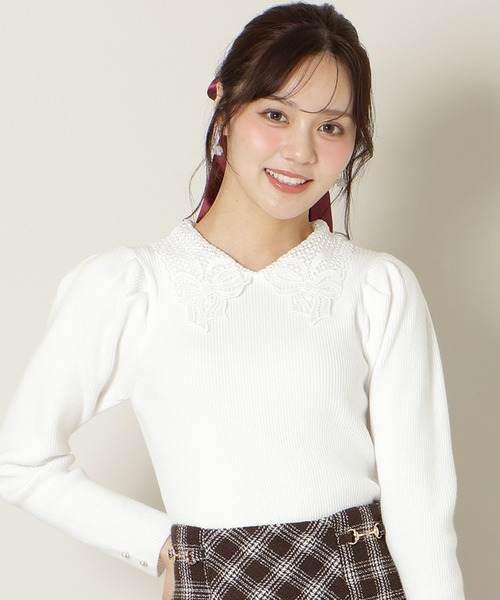 WILLSELECTION(ウィルセレクション)の「リボンレースカラータックスリーブニット(ニット/セーター・レディース・ブラック/ピンク/オフホワイト/ブルー・FREE)」の2枚目の写真