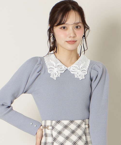 WILLSELECTION(ウィルセレクション)の「リボンレースカラータックスリーブニット(ニット/セーター・レディース・ブラック/ピンク/オフホワイト/ブルー・FREE)」の3枚目の写真