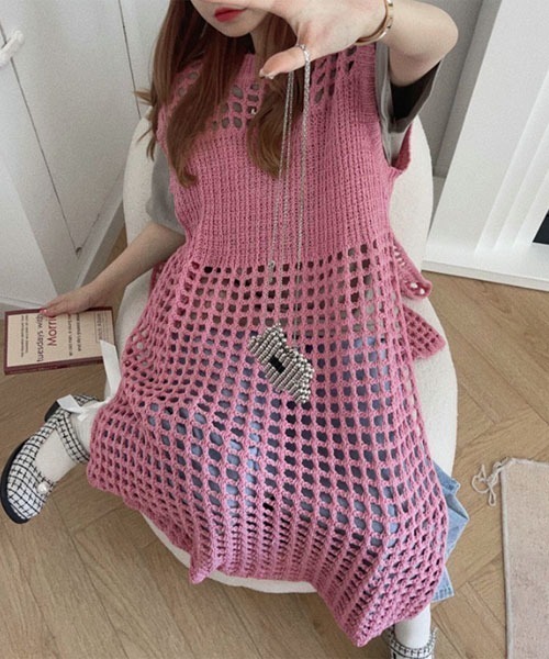 i-dare(アイディア)の「【i-dare】サイド スリット 透かし 編み ニット ワンピース(ワンピース・レディース・ブルー/ブラック/ホワイト/ピンク・FREE)」の5枚目の写真