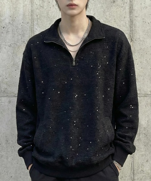 BENUSTA(ベヌスタ)の「A'GEM/9 × .kom 『BENUSTA /ベヌスタ』スプリンクル加工ハーフジッププルオーバー(スウェット・メンズ・ブラック・L/M)」の1枚目の写真