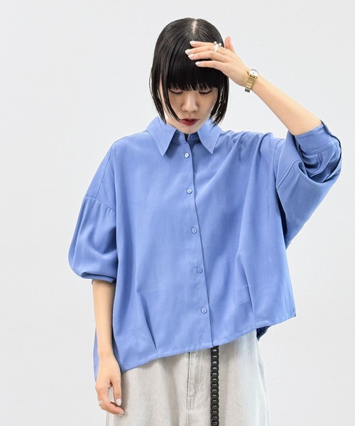 niko and...（ニコアンド）の「[MODE NORM CORE] テロツイルBIGコクーンシャツ（シャツ/ブラウス・レディース・ブルー/オフホワイト/ブラック・FREE）」の3枚目の写真