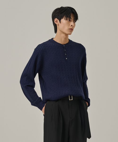 ANALOG MOOD(アナログムード)の「ウォッシャブルケーブルヘンリーネックニットTシャツ(ネイビー)(ニット/セーター・メンズ・その他・FREE)」の1枚目の写真