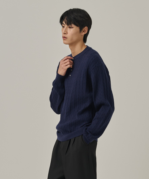 ANALOG MOOD(アナログムード)の「ウォッシャブルケーブルヘンリーネックニットTシャツ(ネイビー)(ニット/セーター・メンズ・その他・FREE)」の3枚目の写真