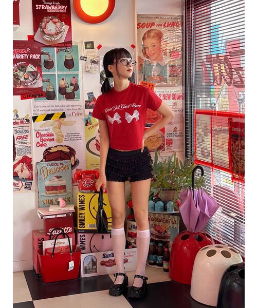 NCOVER（エヌカバー）の「ツインリボンクロップ半袖Tシャツレッド（Tシャツ/カットソー・レディース・その他・FREE）」の3枚目の写真