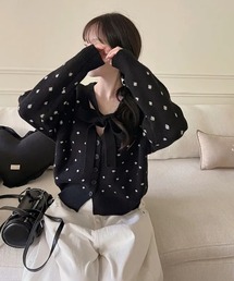 FRP（エフアールピー）の「Vネック紐リボン　ドット柄　ニットカーディガン（カーディガン/ボレロ）」