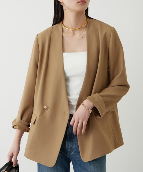 LOUNGEDRESS（ラウンジドレス）の「麻調合繊ノーカラージャケット（ノーカラージャケット・レディース・キャメル/ブラック/ライトベージュ・FREE）」の3枚目の写真