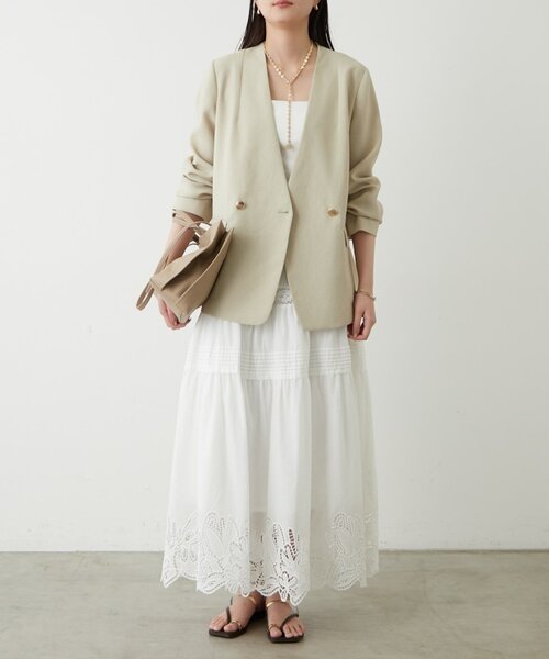 LOUNGEDRESS（ラウンジドレス）の「麻調合繊ノーカラージャケット（ノーカラージャケット・レディース・キャメル/ブラック/ライトベージュ・FREE）」の7枚目の写真