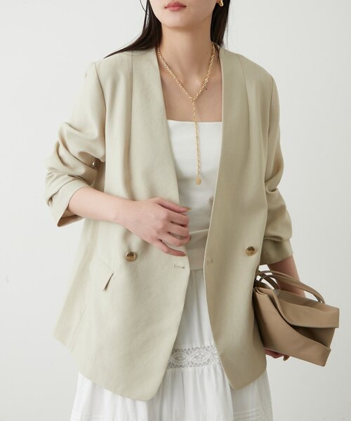 LOUNGEDRESS（ラウンジドレス）の「麻調合繊ノーカラージャケット（ノーカラージャケット・レディース・キャメル/ブラック/ライトベージュ・FREE）」の15枚目の写真