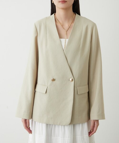 LOUNGEDRESS（ラウンジドレス）の「麻調合繊ノーカラージャケット（ノーカラージャケット・レディース・キャメル/ブラック/ライトベージュ・FREE）」の6枚目の写真