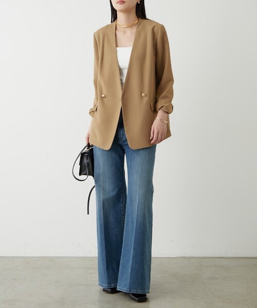 LOUNGEDRESS（ラウンジドレス）の「麻調合繊ノーカラージャケット（ノーカラージャケット・レディース・キャメル/ブラック/ライトベージュ・FREE）」の9枚目の写真
