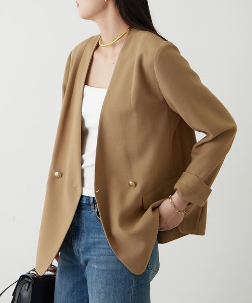 LOUNGEDRESS（ラウンジドレス）の「麻調合繊ノーカラージャケット（ノーカラージャケット・レディース・キャメル/ブラック/ライトベージュ・FREE）」の5枚目の写真