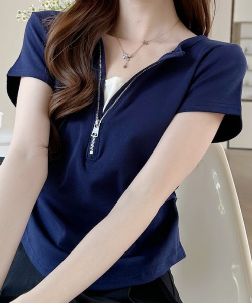 Ada.(エイダ)の「サイドタック フロントジップアップ 半袖Tee(Tシャツ/カットソー・レディース・グレー/ネイビー/ホワイト・FREE)」の5枚目の写真