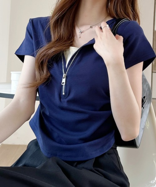 Ada.(エイダ)の「サイドタック フロントジップアップ 半袖Tee(Tシャツ/カットソー・レディース・グレー/ネイビー/ホワイト・FREE)」の6枚目の写真