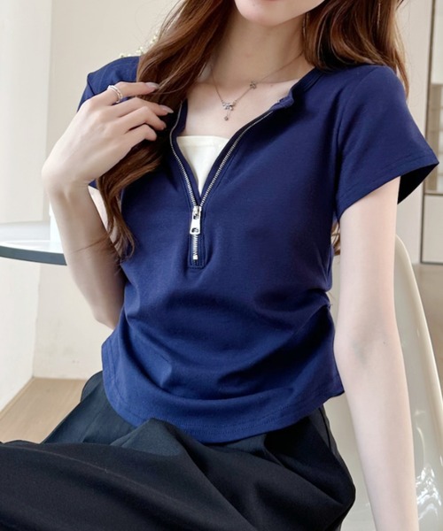 Ada.(エイダ)の「サイドタック フロントジップアップ 半袖Tee(Tシャツ/カットソー・レディース・グレー/ネイビー/ホワイト・FREE)」の10枚目の写真