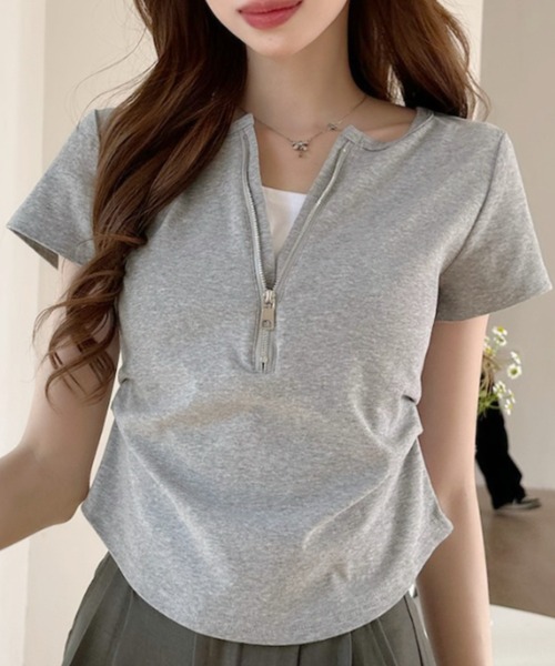 Ada.(エイダ)の「サイドタック フロントジップアップ 半袖Tee(Tシャツ/カットソー・レディース・グレー/ネイビー/ホワイト・FREE)」の17枚目の写真