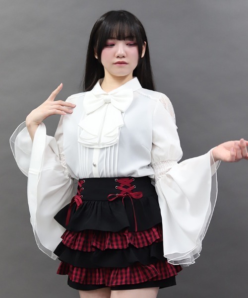NIBBLE POISON(ニブルポイズン)の「フリルリボンフレア袖ブラウス(シャツ/ブラウス・レディース・ワイン/ブラック/ホワイト・MEDIUM)」の9枚目の写真