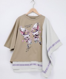 iS ScoLar | 561225：ラメ入りアンティーク柄アシメ異素材切替PO(Tシャツ/カットソー)