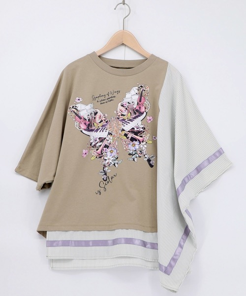 iS ScoLar（イズスカラー）の「561225：ラメ入りアンティーク柄アシメ異素材切替PO（Tシャツ/カットソー・レディース・ベージュ/ブラック/オフホワイト・M）」の3枚目の写真