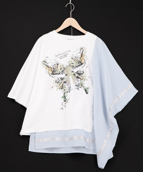 iS ScoLar（イズスカラー）の「561225：ラメ入りアンティーク柄アシメ異素材切替PO（Tシャツ/カットソー・レディース・ベージュ/ブラック/オフホワイト・M）」の2枚目の写真