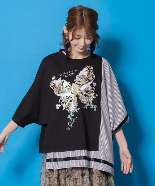 iS ScoLar（イズスカラー）の「561225：ラメ入りアンティーク柄アシメ異素材切替PO（Tシャツ/カットソー・レディース・ベージュ/ブラック/オフホワイト・M）」の13枚目の写真