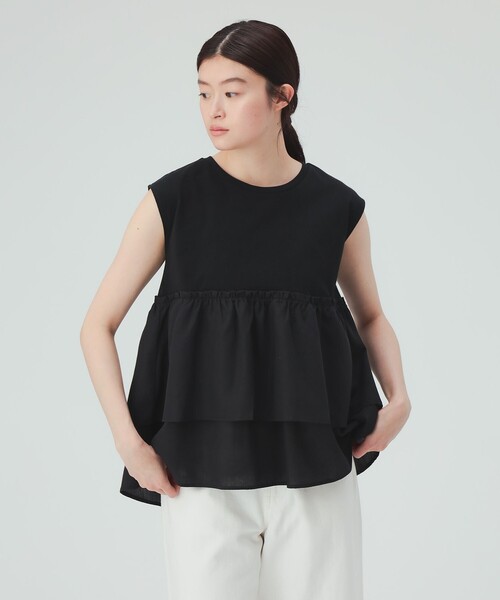 BEAMS HEART(ビームスハート)の「【洗える・異素材ドッキング】コンビ ティアード プルオーバー(Tシャツ/カットソー・レディース・オフホワイト/ブラック/ブラウン・FREE)」の4枚目の写真