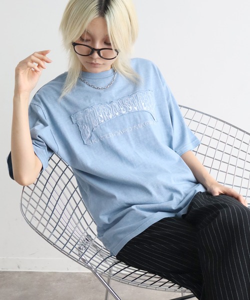 THRASHER（スラッシャー）の「【THRASHER/スラッシャー】ピグメント加工 ダメージアップリケ 半袖Tシャツ（Tシャツ/カットソー・メンズ・ピンク/ブラウン/グレー系1/ライトグレー/サックスブルー/グレー系2・L/M/XL）」の5枚目の写真