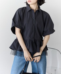 チュールレイヤード ペプラムドルマンブラウス