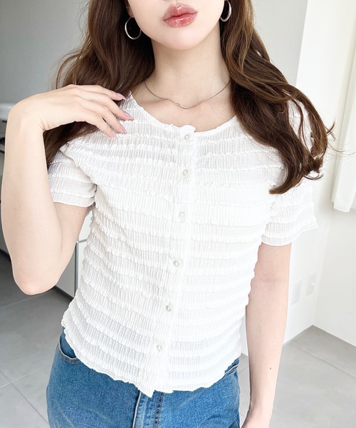 moment+（モーメントプラス）の「クリンクルフリル前後2WAYトップス（Tシャツ/カットソー・レディース・オフホワイト/ブラック/ピンク/ナチュラル・M）」の5枚目の写真