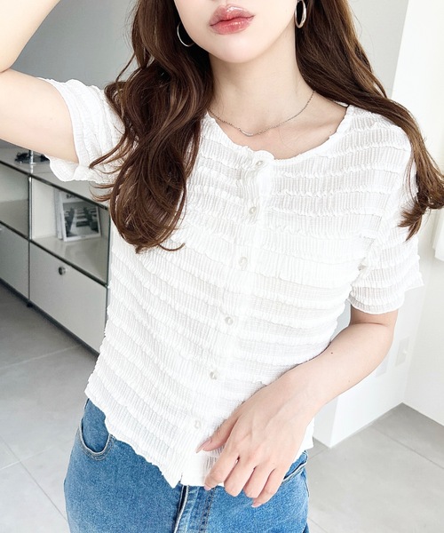 moment+（モーメントプラス）の「クリンクルフリル前後2WAYトップス（Tシャツ/カットソー・レディース・オフホワイト/ブラック/ピンク/ナチュラル・M）」の6枚目の写真