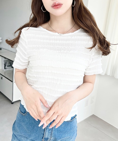 moment+（モーメントプラス）の「クリンクルフリル前後2WAYトップス（Tシャツ/カットソー・レディース・オフホワイト/ブラック/ピンク/ナチュラル・M）」の7枚目の写真