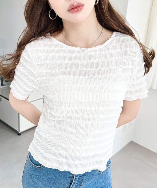 moment+（モーメントプラス）の「クリンクルフリル前後2WAYトップス（Tシャツ/カットソー・レディース・オフホワイト/ブラック/ピンク/ナチュラル・M）」の9枚目の写真