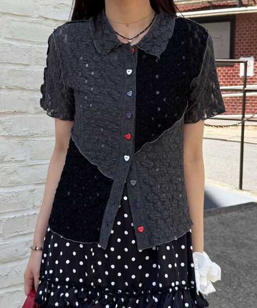 CIAOPANIC(チャオパニック)の「ハートボタンレース切替ポロシャツ(シャツ/ブラウス・レディース・ブラック/アイボリー/ブラウン/ピンク・ONE SIZE)」の15枚目の写真