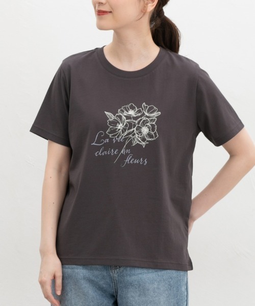 Honeys（ハニーズ）の「【ハニさら・接触冷感・ＵＶカット】フラワープリントＴシャツ（Tシャツ/カットソー・レディース・スミクロ/アイボリー/ブラウン/ラベンダー・S/M/LL/L）」の12枚目の写真