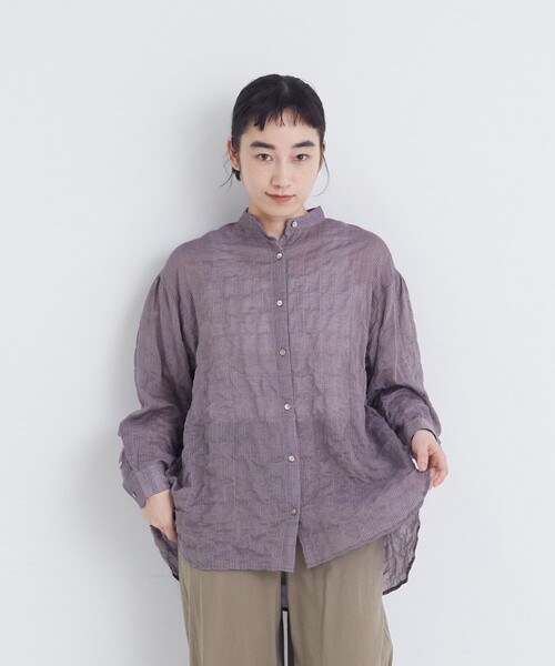 conges payes ADIEU TRISTESSE(コンジェ ペイエ アデュートリステス)の「シャーリングバンドカラーロングシャツ(シャツ/ブラウス・レディース・ブルー系その他/ブラック系その他/パープル・38)」の4枚目の写真