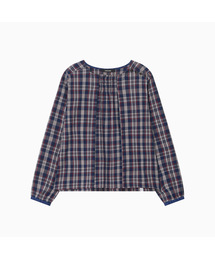 SMOCKED SHIRRING BLOUSE, NAVY CHECK